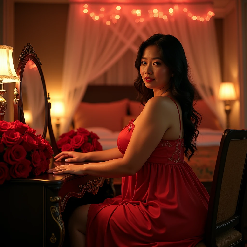 The indonesian woman is slightly plump, huge breasted, wearing sleeveless knee-lenght nightgown. sitting at the dressing table. The luxurious bedroom is decorated with red roses and a mosquito net with neon backlight as a background detail. Look at the viewer, natural light, realistic photography, wide angle shot from side.