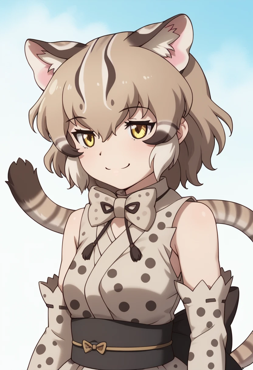 Score_9, Score_8_up, Score_7_up, Score_6_up, Score_5_up, Score_4_up, source_anime, anime style, 1girl,tsushima leopard cat \(kemono friends\), 1girl, cat ears, animal ear fluff, yellow eyes, multicolored hair, brown hair, short hair, cat tail, animal print, leopard print, print bowtie, print kimono, sleeveless, sash, print skirt, back bow, fur-trimmed gloves, print gloves, elbow gloves, fur-trimmed skirt, print legwear,anime coloring, aged down, cute, upper body, happy