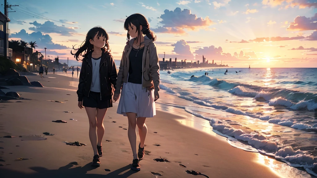Mother and daughter at the beach one year later:
「Sandy beach at sunset。A woman in her 30s and a girl around are walking hand in hand.。Their long shadows stretch across the beach。The shadow appears to be three。Warm colors」