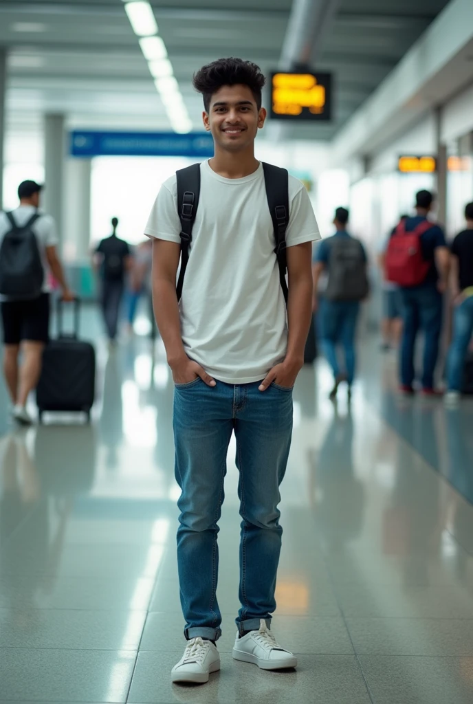 A 17 year old  indian boy wearing t shirt , jeans and sneakers posing at airport for photograph