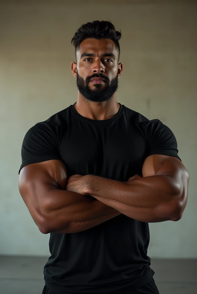 Norwegian and African mixed man, light skin, 30 years old, 176 cm tall, 105 kg, 15% bodyfat, bodybuilder, muscular build wearing tight black t-shirt looking at the viewer, medium long beard, hands crossed, biceps, forarms muscular, background plain wall, off white collor, blurred, dark ambiant enviroment. image quality sharp, 4k, best quality, details.