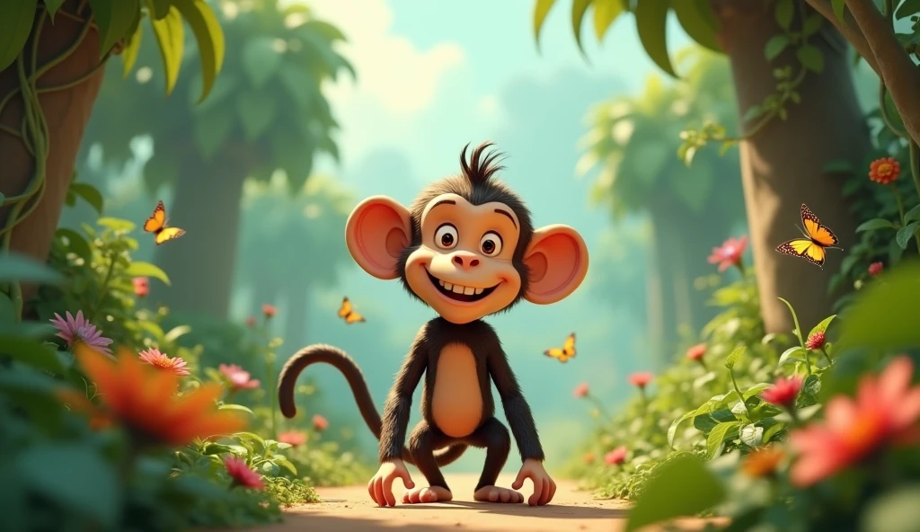 Create 3D cenametic cartoon animation of this prompt "Cut to a shot of the jungle, now a happier and harmonious place
23. Greedy monkey looks happy and content, with a newfound appreciation"