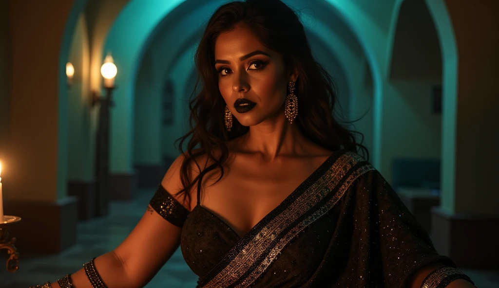 Fortune telling hall,indian astrology,Looks like Aparna Dixit, full body Closeup shot, Big chubby aunty, milf, cougar lady witch, ????? Gothic milf, 50 years old gorgeous mature lady, pervert demoness, demoness of lust, curvy, black lips, ????? face, extremely gorgeous, thick figure, heavy physique, voluptuous, curvy, sexy figure, Fashionable portrait of androgynous alien looking witch wearing veil, (glowing eyes:1.5), futuristic design, minimal details, givenchy, photoreal, 200mm, hd, f/ 2.0, highly detailed, surreal, sexy beautiful evil woman, sexy bold sequin Saree with strapless Bra, chudail, Pishachini, horror genre, blood-thirsty enchantress, powerful female spirit, eerie, drop dead, in the style of red and blue, (intricate details, hyperdetailed:1.15) (skin texture:1.2), dark Moody tone, cinematic lighting, haunted place in background,