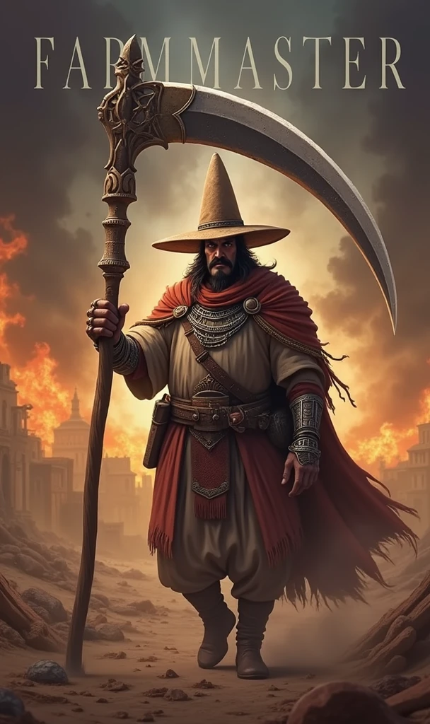 "Create a realistic and intense image of a warrior named FarmMasteR, depicted with a head that resembles the drawing provided, including the hat, facial features, and mustache. The warrior should be holding a large scythe, representing his farming background. The character should be dressed in traditional medieval desert armor, with a unique and fearsome presence. The background should depict a war-torn desert battlefield with a blue tone, filled with flames, smoke, and destruction to enhance the intense atmosphere. The lighting should be dramatic, emphasizing FarmMasteR's powerful and unique appearance. The name 'FarmMasteR' should be prominently displayed in bold, cinematic font, ensuring it is clearly visible and integrated into the design."