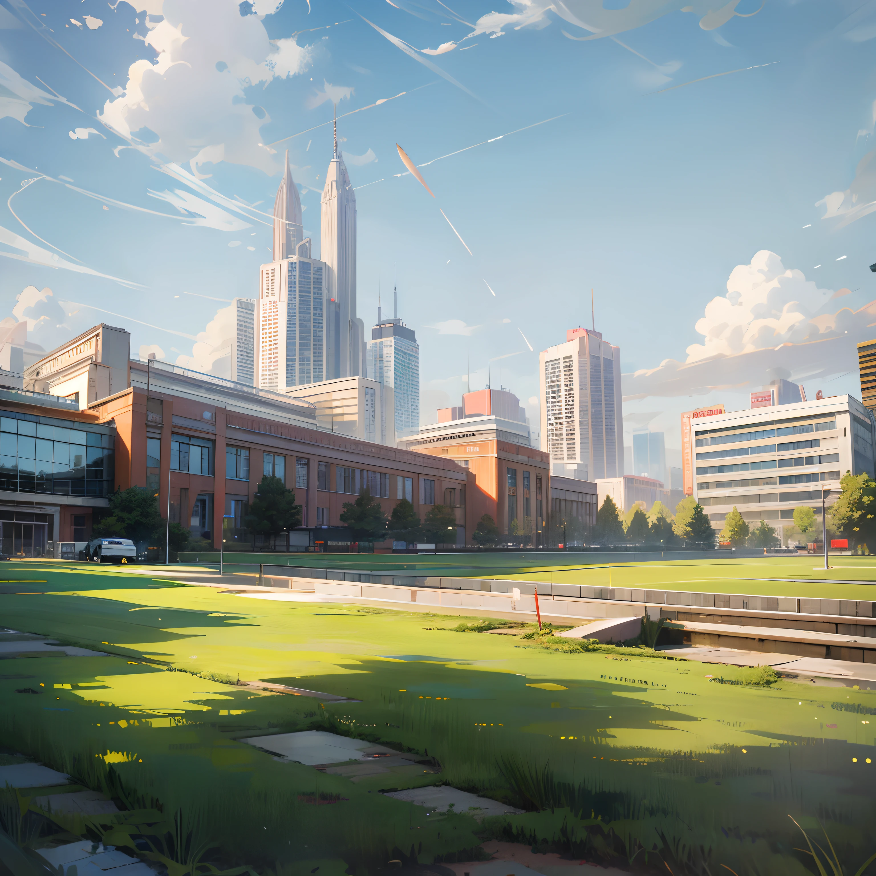 Regular Schools, grassland, Front view, daytime, City background, Wide Angle, nobody