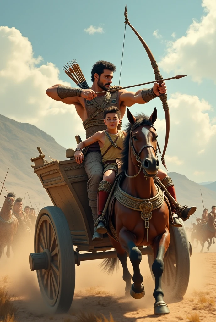 In a chariot one man with great body releases arrows and other person d boy drives that charriot
