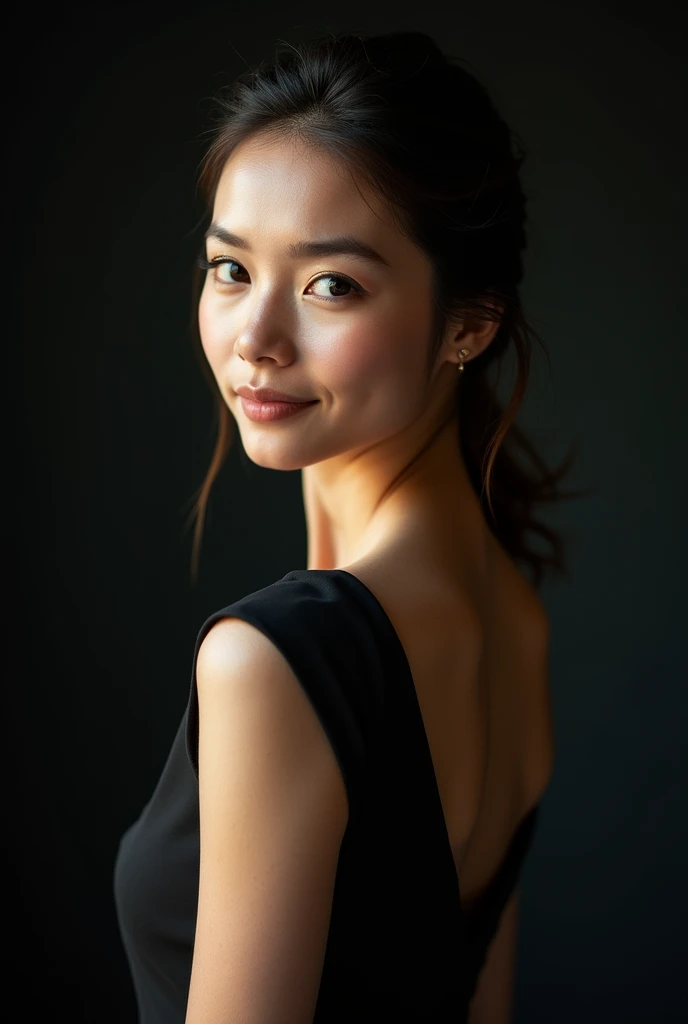 photo brute, visage de face portrait photo d'a beautiful 26 year old.oh woman, visage mignon, wearing a black dress, happy face, harsh shadows, Cinematographic shooting, bright lighting
