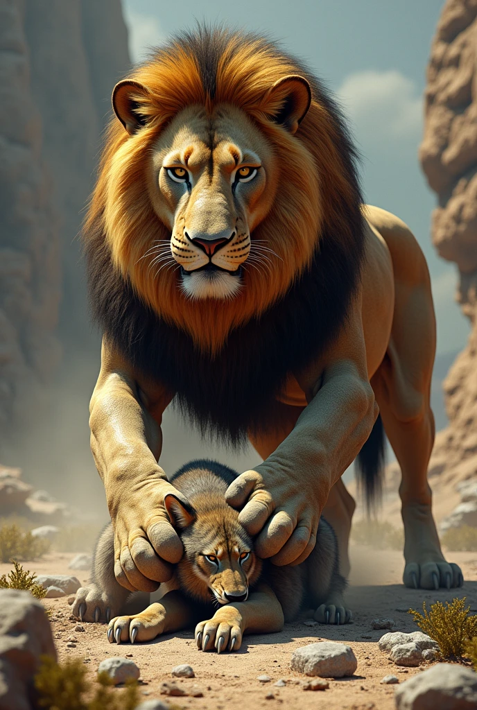 The lion crushed the wolf under his feet