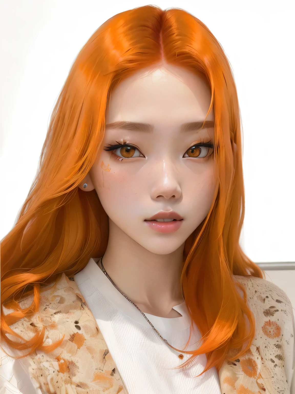 there is a woman with orange hair and a white shirt, sun yunjoo, portrait of jossi of blackpink, she has long redorange hair, jossi of blackpink, portrait jisoo blackpink, she has long orange brown hair, roseanne park of blackpink, ulzzang, orange hair, orange glowing hair, popular south korean makeup, popular korean makeup