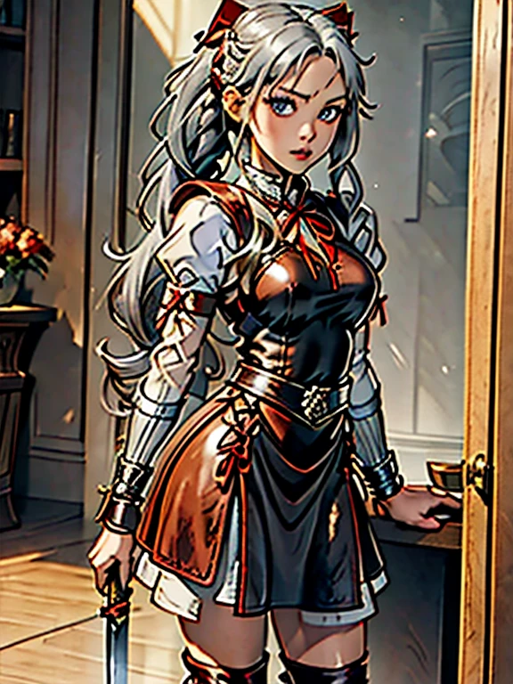 Silver hair with braids on both sides and red ribbons、A beautiful girl with eyes the same color as her ribbon、leather armor、Tunic、Flared skirt long boots、sword、