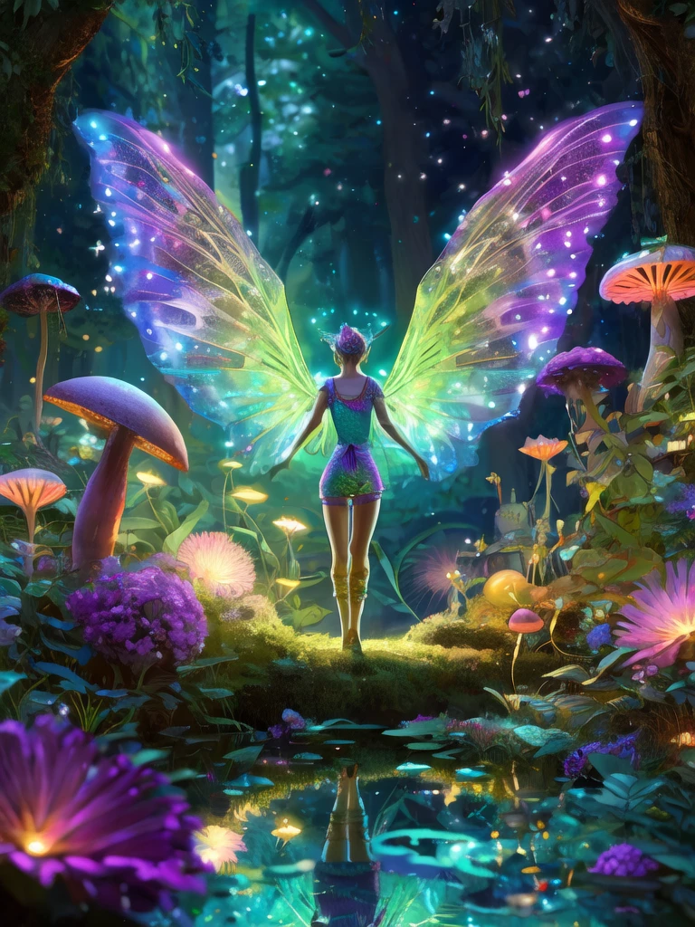 magic garden,There are huge flowers and mushrooms sparkling,Winged elf shines brightly,Mysterious lake,There are gems in the garden,tree house,Magic lamp at the entrance,Clear and high quality,16K high resolution, masterpiece, high detail, high quality, Cat ear, Smile, Blushing, blue eyes, Close-up, decorative arts, artistic, hyper-realistic, long hair,