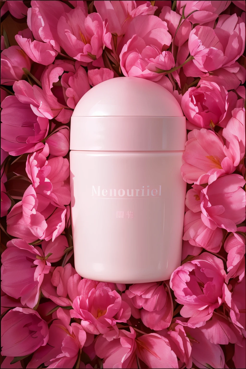 A container is placed on the tulip petals,No leaves,Only one element is flower,Melancholy Rose Soft Light, Official product photos, Sensual, threateningly, Medium Panorama,, Pink petals, Official product images, Synthetic biological skin, crisp smooth lines, Delicate pink skin