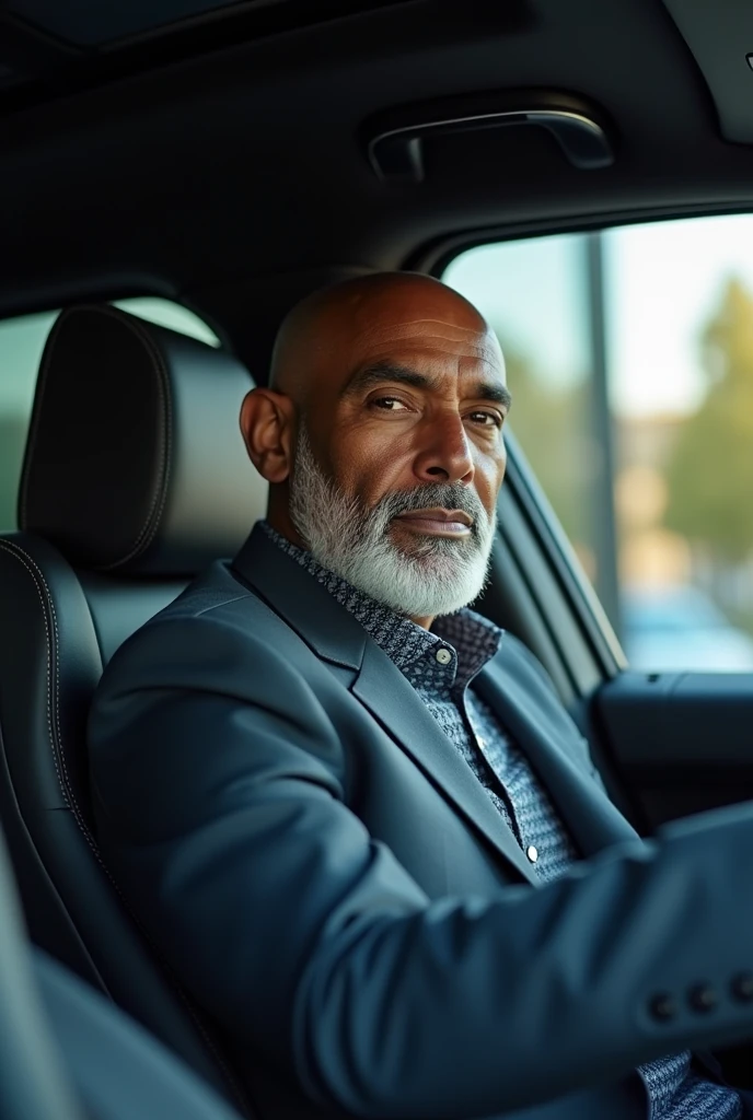A business man in his 40s having brown skin and a white beard wearing a suit driving the latest range rover. Make sure it looks like the picture was taken from right side of the driver