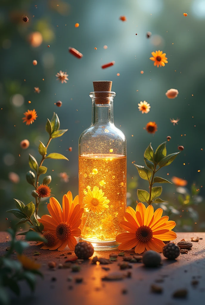 bottle with essential oil with leaves, spices and flowers flying in the background