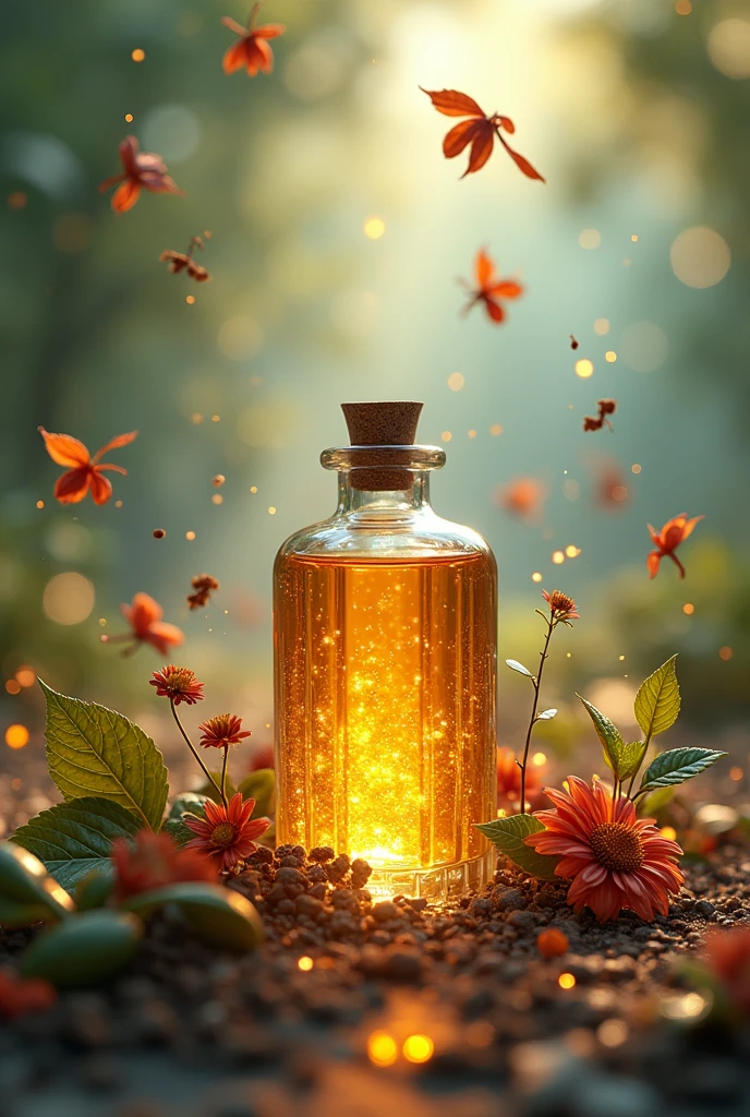 bottle with essential oil with leaves, spices and flowers flying in the background