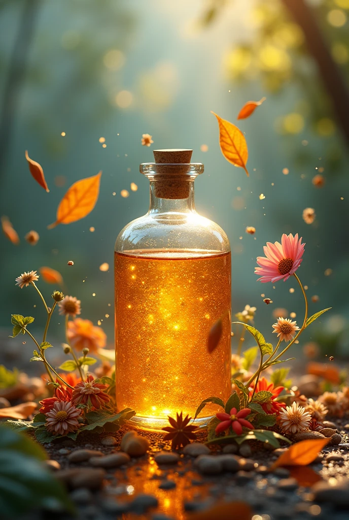 bottle with essential oil with leaves, spices and flowers flying in the background
