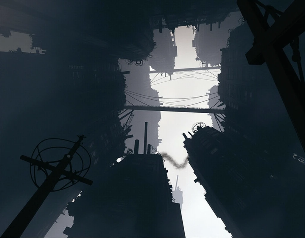 (((steampunk))),city,(((crowded buildings))),exposed gears and pipes,(((dim light))),submerged ground,((gears)),((thick pipes)),covered bridge,The perspective is from the bottom up, reflecting the height of the building,dark weather,smoking chimneys,(((mechanical devices))),((staggered wires)),crowded city,irregular buildings