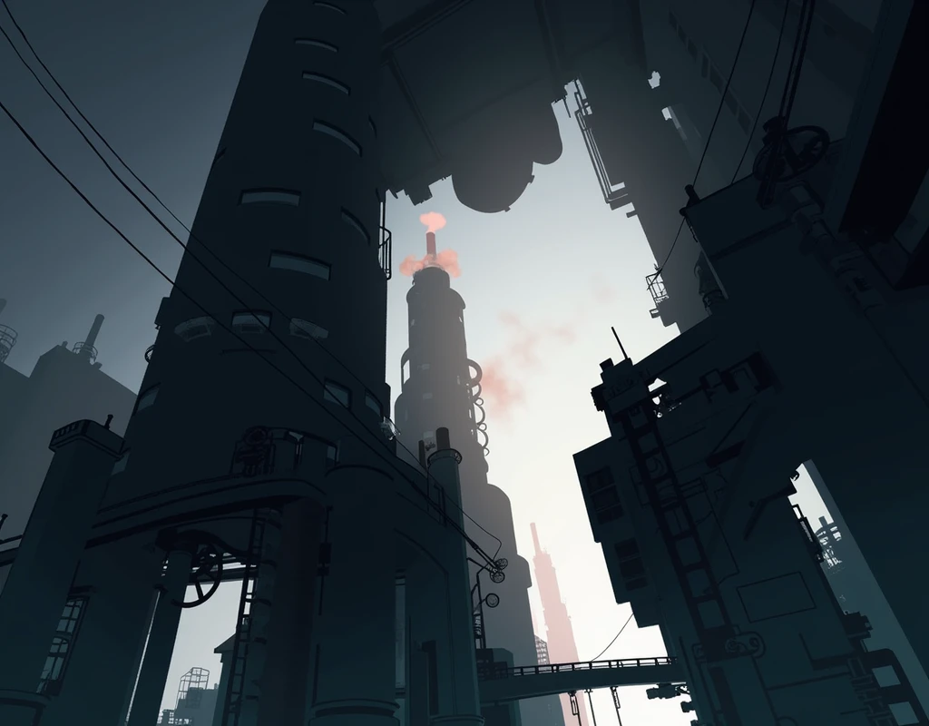 (((steampunk))),city,(((crowded buildings))),exposed gears and pipes,(((dim light))),submerged ground,((gears)),((thick pipes)),covered bridge,The perspective is from the bottom up, reflecting the height of the building,dark weather,smoking chimneys,(((mechanical devices))),((staggered wires)),crowded city,irregular buildings