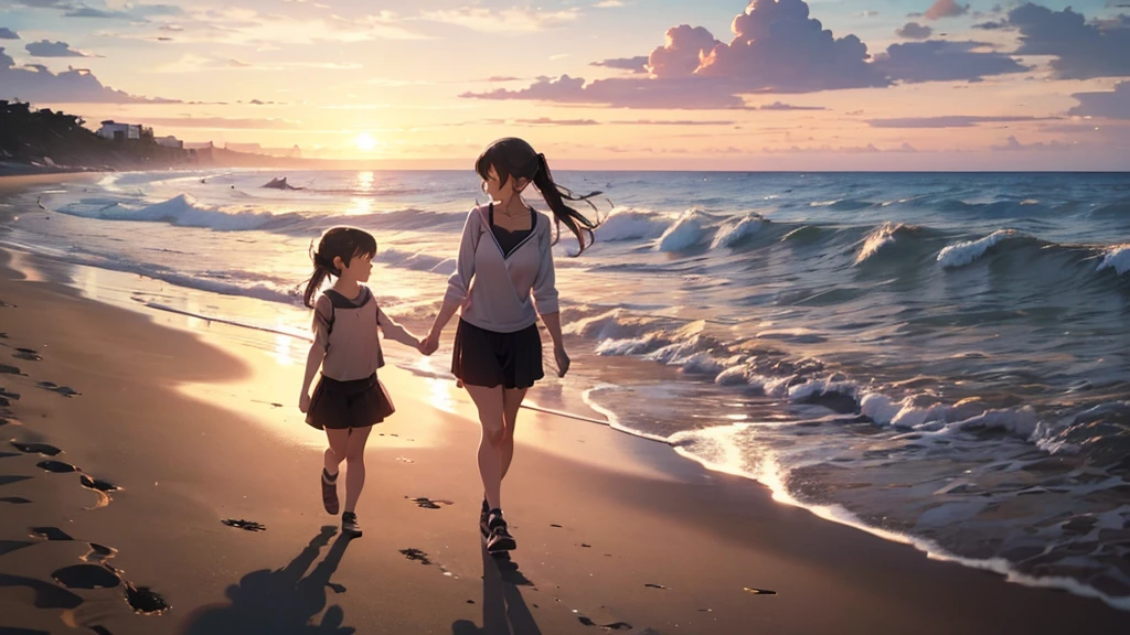 Mother and daughter at the beach one year later:
「Sandy beach at sunset。A woman in her 30s and a girl around are walking hand in hand.。Their long shadows stretch across the beach。The shadow appears to be three。Warm colors」