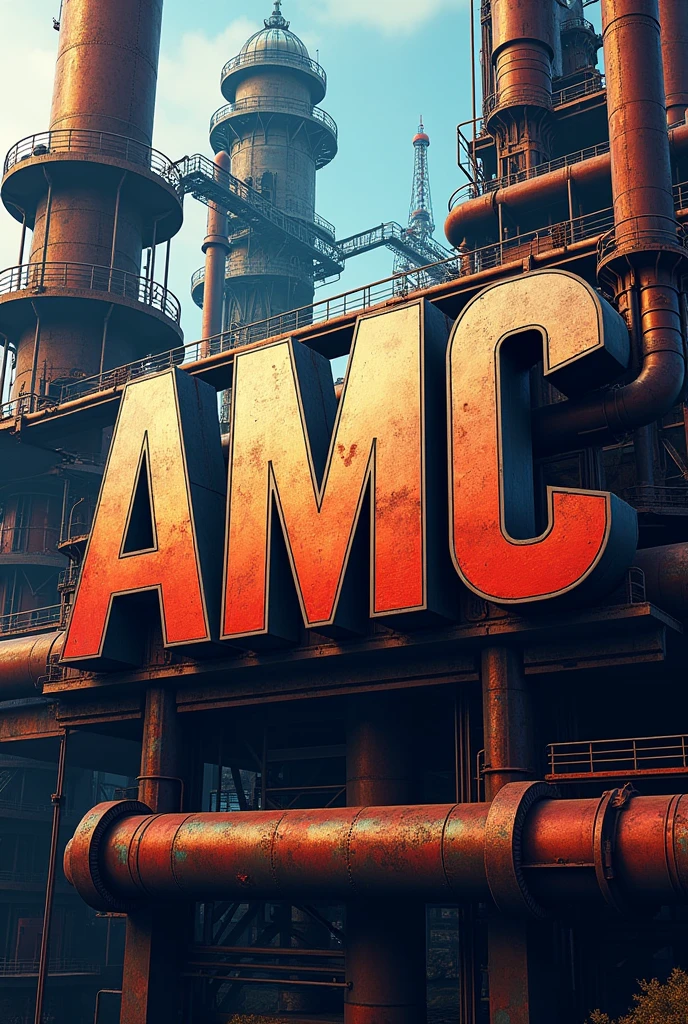Poster with the (LETTERS "AMC"), detailed, ultra realistic,colorful, AMC steel structures.