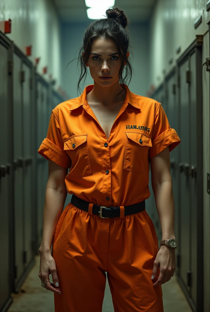 Tone it down a bit and also give her an orange prison jumpsuit keep her buff still