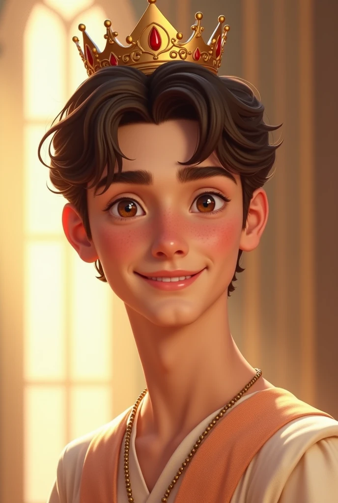 A realistic picture of a handsome twenty-year-old boy with a fair complexion and dark brown hair is captured. He wears a light peach royal dress that complements his elegant demeanor. His clean-shaven face features light brown eyes that shine with warmth, paired with a beautiful smile that radiates charm. He is wearing a simple crown on his head. The bright, sunlit background enhances his youthful and refined appearance. It is a close picture.
