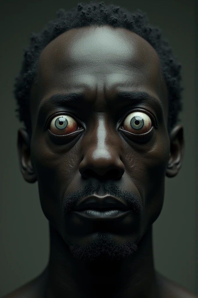 A dark-skinned man with eyes stuck together on the outside without pupils