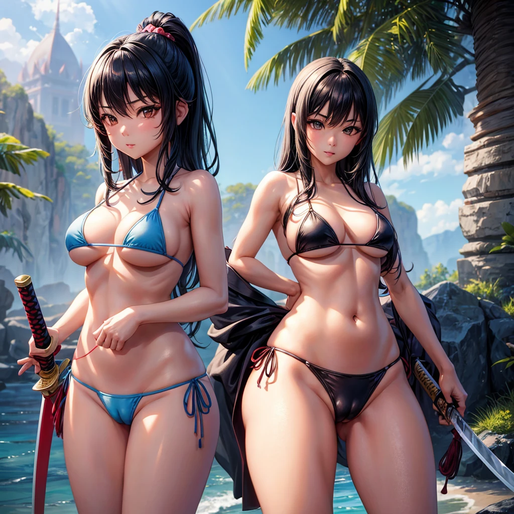Beautiful Asian girl, 1, mini bikini assassin girls, sexy lady, big breasts, camel toe, little blade in hand, katana sword, หัวนม, นั่งชันเข่า, ยกขาหนึ่งข้าง,