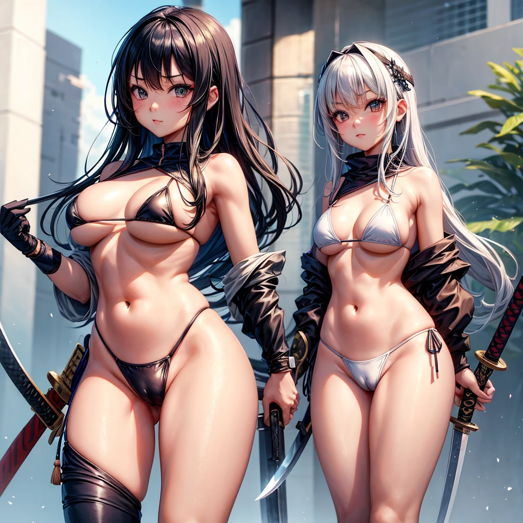 Beautiful Asian girl, 1, mini bikini assassin girls, sexy lady, big breasts, camel toe, little blade in hand, katana sword, หัวนม, นั่งชันเข่า, ยกขาหนึ่งข้าง,