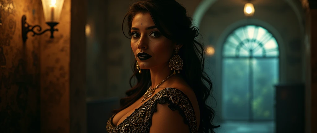 Fortune telling hall,indian astrology,Looks like Aparna Dixit, full body Closeup shot, Big chubby aunty, milf, cougar lady witch, horny Gothic milf, 50 years old gorgeous mature lady, pervert demoness, demoness of lust, curvy, black lips, horny face, extremely gorgeous, thick figure, heavy physique, voluptuous, curvy, sexy figure, Fashionable portrait of androgynous alien looking witch wearing veil, (glowing eyes:1.5), futuristic design, minimal details, givenchy, photoreal, 200mm, hd, f/ 2.0, highly detailed, surreal, sexy beautiful evil woman, sexy bold sequin Saree with strapless Bra, chudail, Pishachini, horror genre, blood-thirsty enchantress, powerful female spirit, eerie, drop dead, in the style of red and blue, (intricate details, hyperdetailed:1.15) (skin texture:1.2), dark Moody tone, cinematic lighting, haunted place in background,