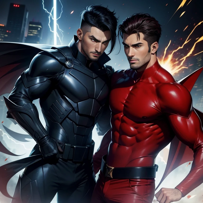 Special effects hero works、Two Men、Handsome 2、Very short hair、(justice(Victory)red+Zubat the Hero VS the Villain(negative)black+Dhaka - Fighters) Victorynegative Handsome 30 year old Very short hair、undercut between legs