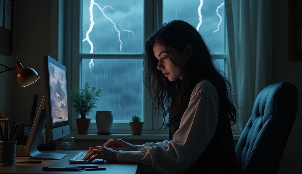 a beautiful woman with long hair dressed in black was sitting in front of a computer looking for pictures on the internet, she was in a quiet and quiet little studio alone, there was a window behind her, and there were several pens and scissors around her. computer desk. The black and white background in the dark night, rain and lightning, adds to the horror feel