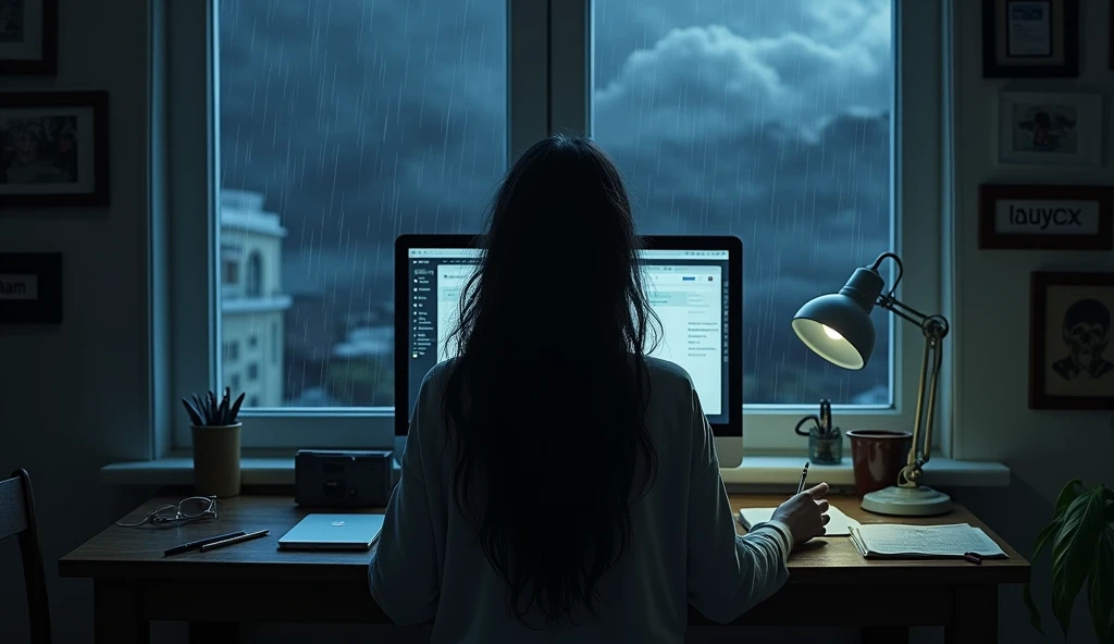 a beautiful woman with long hair dressed in black was sitting in front of a computer looking for pictures on the internet, she was in a quiet and quiet little studio alone, there was a window behind her, and there were several pens and scissors around her. computer desk. The black and white background in the dark night, rain and lightning, adds to the horror feel