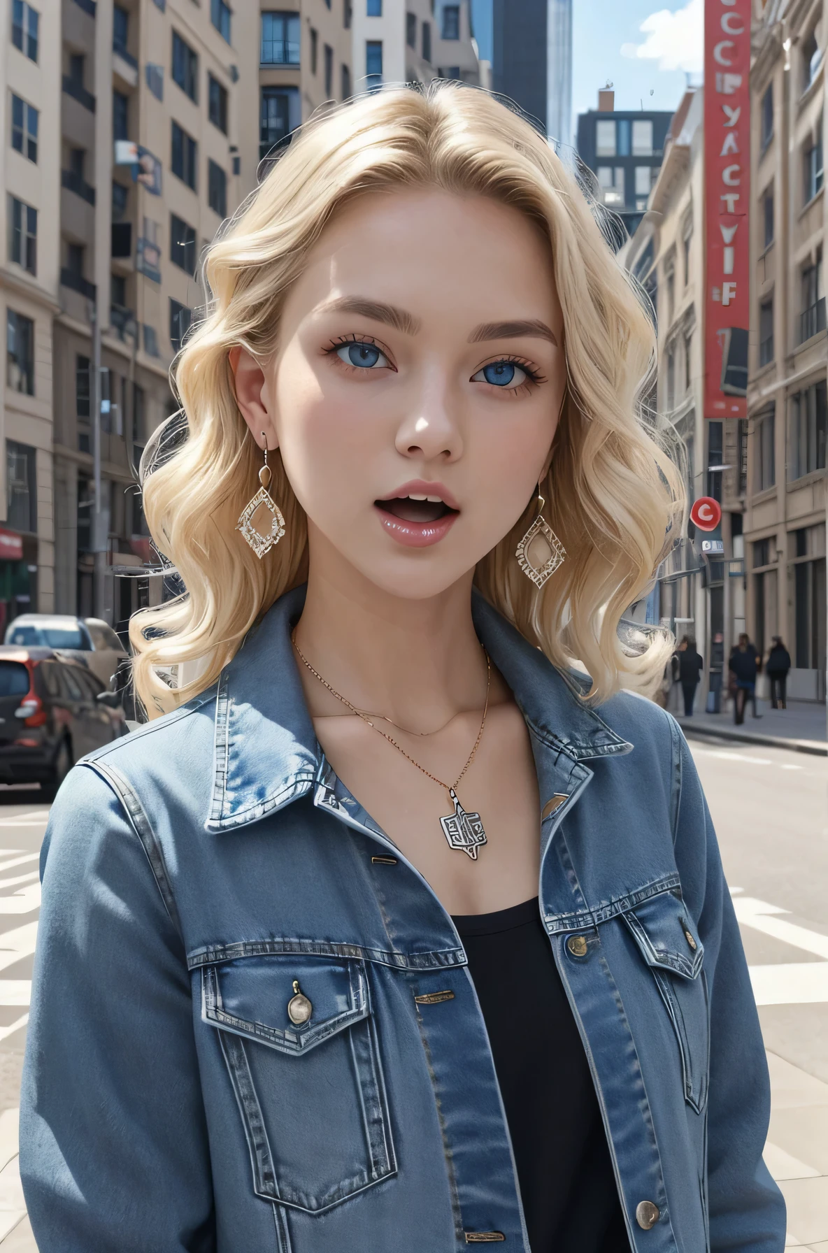 Pure white beauty、Neat and clean Caucasian woman、Blonde Hair、blue eyes、Wavy Hair、、Denim jacket、shirt、Open your mouth a little、View your audience, Earrings, necklace, _background,City Streets Task in progress