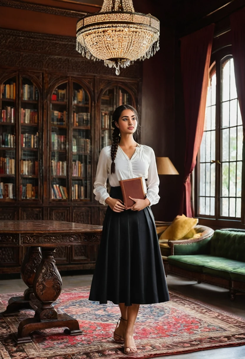 20-year-old young woman with an athletic, sexy body, tall at 180 cm and weighing 45 kg. She has medium round breasts, a classic lip shape, a small graceful nose, long eyelashes, and deep brown eyes. Her long, straight black hair is braided to the side. She wears a white blouse with a plunging neckline and a black pencil skirt that hugs her curves. She stands with one leg crossed over the other, holding a book against her chest.
The library is vast and grand, with tall, arched ceilings. Floor-to-ceiling bookshelves filled with old, leather-bound books line the walls, made of dark, polished wood with intricate carvings. A large chandelier hangs in the center, casting a warm golden light. The floor is dark polished wood, with richly colored Persian rugs. Large arched windows with velvet curtains let in soft daylight. The room is furnished with long wooden tables, green reading lamps, leather chairs, and small reading nooks. The atmosphere is quiet, scholarly, and inviting, evoking a sense of history and knowledge.
She stands with a book held close to her chest, one leg crossed over the other in a relaxed pose. Her braided hair falls gently over her shoulder, and her expression is calm and composed. The contrast between her modern, slightly revealing attire and the classic, elegant surroundings creates a memorable image. The scene is captured in ultra-high resolution, with detailed textures, perfect body proportions, and realistic shadows, ensuring a vivid and lifelike representation.