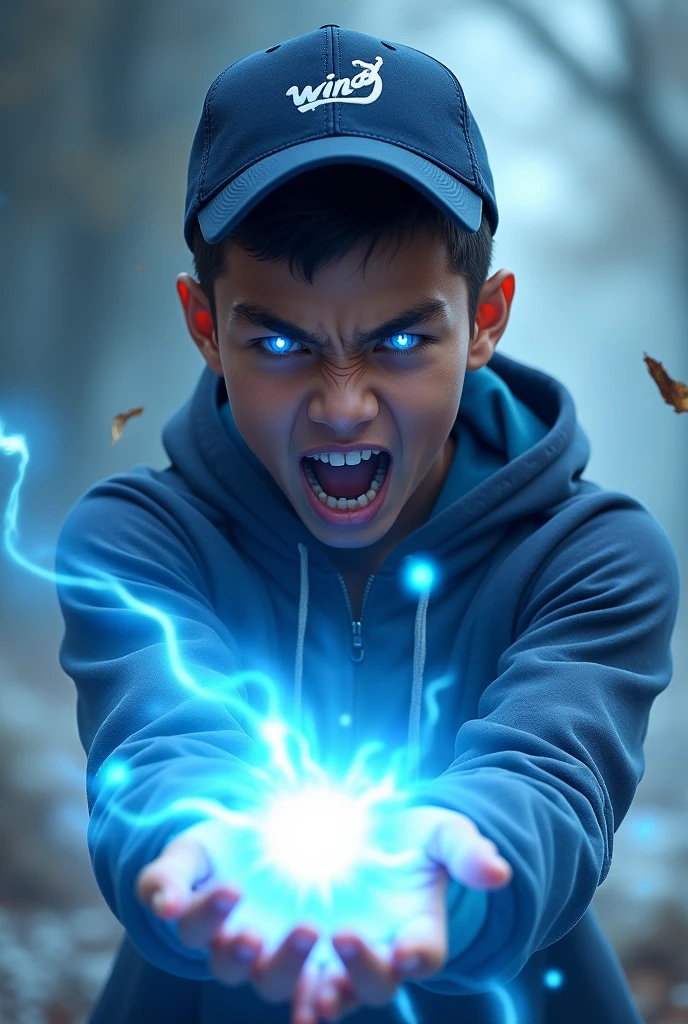 a young real teenage age . 19 Malaysia Indonesia.(Blue eyes) Glowing eyes. Anger face. Open mouth. . wearing an (navy blue white ) zip-up shirt, (nay blue white) navy blue cap with small logo (wind) logo. Enger face . Dramatic.navy blue hoodie., detailed face, cinematic lighting, dramatic atmosphere,. Winter day. vibrant colors, 8k, high quality, photorealistic. Hero suit. Wind come from his hand. Glowing white wind element from hand, tornado everywhere . Glowing hand lightblue .navy blue , wind logo design . Very strong. Future design dress. Very epic. Very cool background.. dark sky. Very strong. Thunderstorm . Wind very strong . Flying dry leave everywhere.. wind ball sharp shape power from hand .