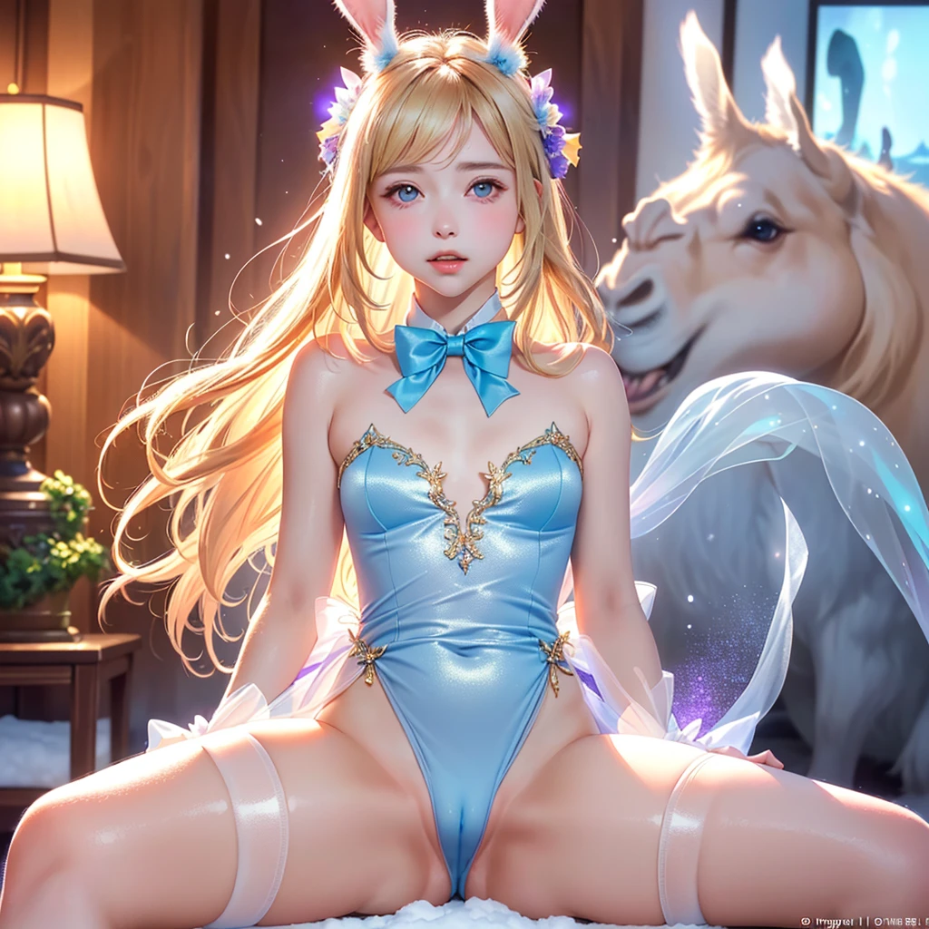 masterpiece, best quality, extremely detailed CG unity 8k wallpaper,((Upper Body)) ,((Upper Body head close-up shot of a beautiful )), , Elegant Long straight blonde hair, (Mckenna Grace), ((flat chest,thighs,Autoluminescence skin)),Transparent (purple-blue) golden (Glittering tutu,long Bunny Ear Headgear, , Bow-tie, No panties, genitals visible), ((sitting,spread legs)),(), (Blush), , (), (A world of ice and snow), pretty face, key art, award winning, intricate detail realism hdr, by (ruan jia and artgerm and range murata), Photorealism, Hyperrealism, ultra realistic, dramatic light, intense shadows, gorgeous view, depth of field
,ชุดรัดรูป, camel toe, โชว์กางเกงใน , โชว์หน้าอก, หัวนม,