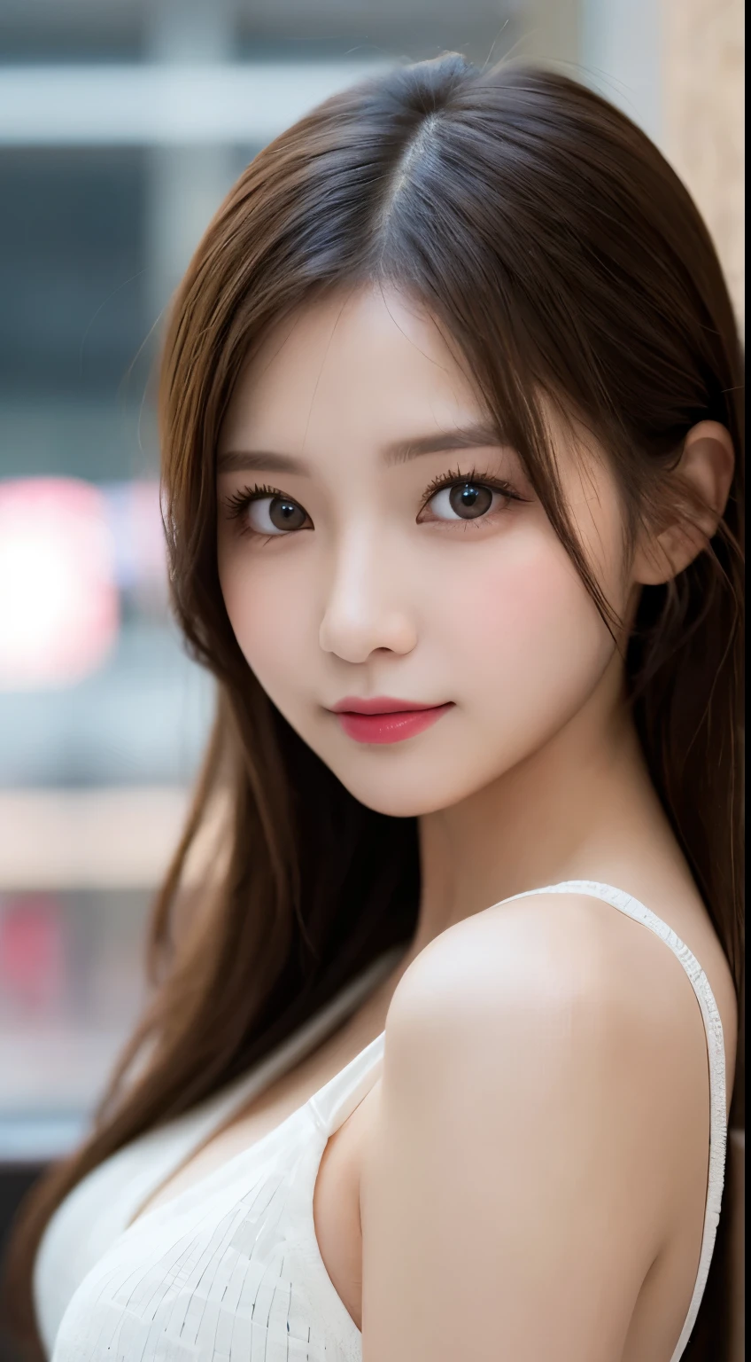 Tabletop, Highest quality, shape, Very detailed, finely, High resolution, 8k wallpaper, 完璧なダイナミックな構shape, Beautiful and detailed, Small breasts,Natural color lip, Bold sexy pose,smile、20-year-old girl、cute、sexy shot looking at camera,Always blur the background,Perfect and beautiful face,Photograph only the face,Beautiful and elaborate face、Slim face and figure,Big eyes、Putting on gal makeup,Actual Photos、Gal Fashion