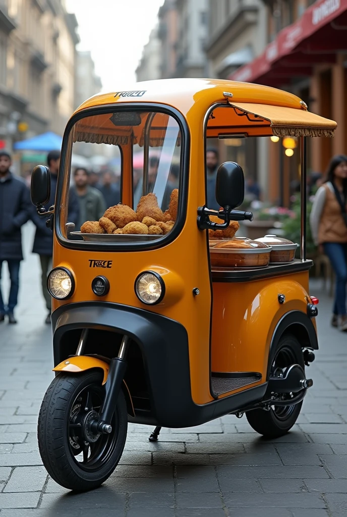 Design a very compact and unique form of 70 cc motorcycle attachment made up of fiber glass to sell samosa and potato curry and containers made up of plastic.