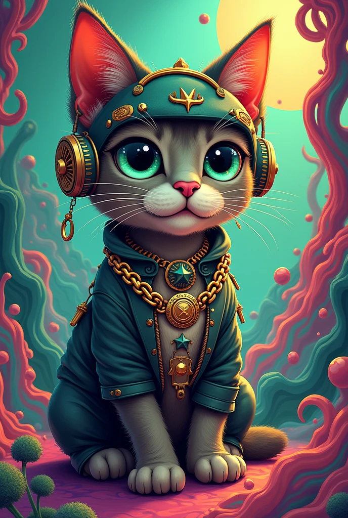 steampunk baby cat with green and gold chain Which reads "SHESHA" 420 artwork, retro psychedelic weed illustration, liquid, psychedelic artwork, in illustration style digital, extremely high quality artwork, estilo de arte impressionante, arte do Adobe Illustrator, visionary art style, psychedelic acid trip, estilo de arte vetorial, Psychedelic style nano-infused Vibrant colors, swirling patterns, abstract forms, surreal, trippy fluid