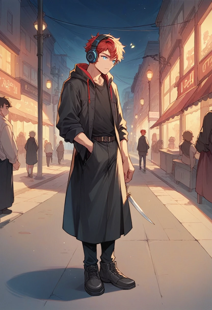 A boy with red hair with headphones, black dress on full body,light blue eyes, dagger in hand,in London street in night, lighting effects 