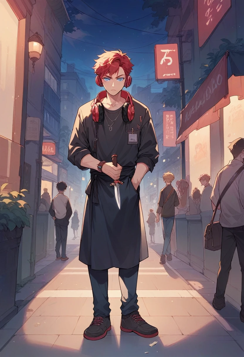 A boy with red hair with headphones, black dress on full body,light blue eyes, dagger in hand,in London street in night, lighting effects