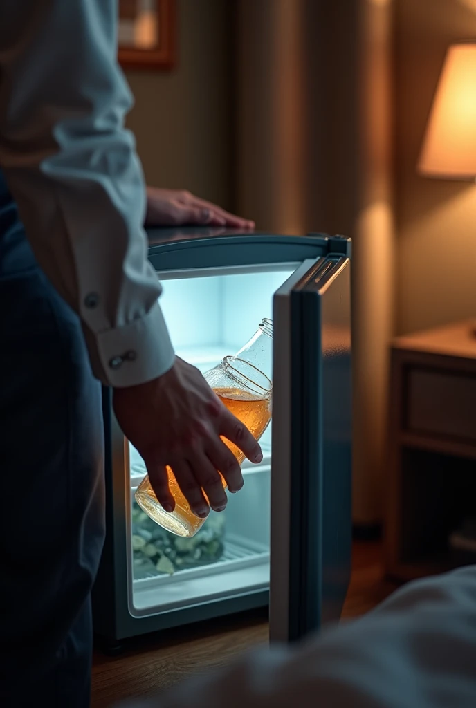 man's hand taking drink from mini fridge in hotel room