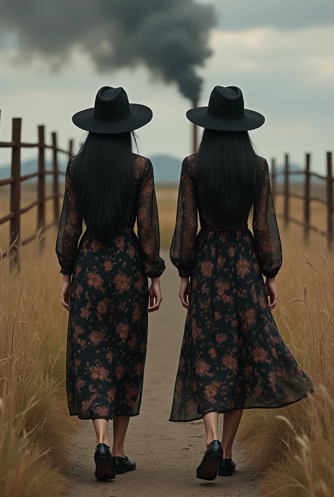 (photorealism:1.2), beautiful woman, original photo
original photo of two 34 year old Asian women with long black hair, wearing hat,wearing black floral dress, black shoes, walking with savanna background, tall dry wild grass, wooden fence stretching, rusty chimney, dark clouds