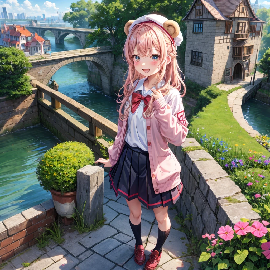 Pink Blonde、Red eyes、Wavy Hair、Hair tied up、Two cute、Checked mini skirt、black t-shirts、cardigan、Knee-high socks、bear ears baseball cap、Teeth are visible、Monster Castle、Tilting face、crossing the bridge、hazakura、windmill、grass、Stones are growing out of the ground.、A teddy bear is walking、Morning glory is blooming.、In front of the city gates、clock、Underground tunnels、Waterway