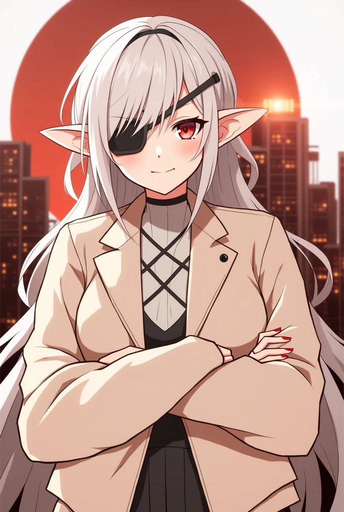 1girl, (solo), anime girl with long white hair and red eyes, girl with white hair, girl in white turtleneck, ((eyepatch)), pointed ears, ((vampire)), smirk, smug, closed mouth, cowboy shot, perfect white haired girl, white haired deity, digital cyberpunk anime art, turtleneck, lens flare, ((dramatic lighting)), soft glowing red eyes, extremely detailed, masterpiece, looking at viewer, city in background, (night)