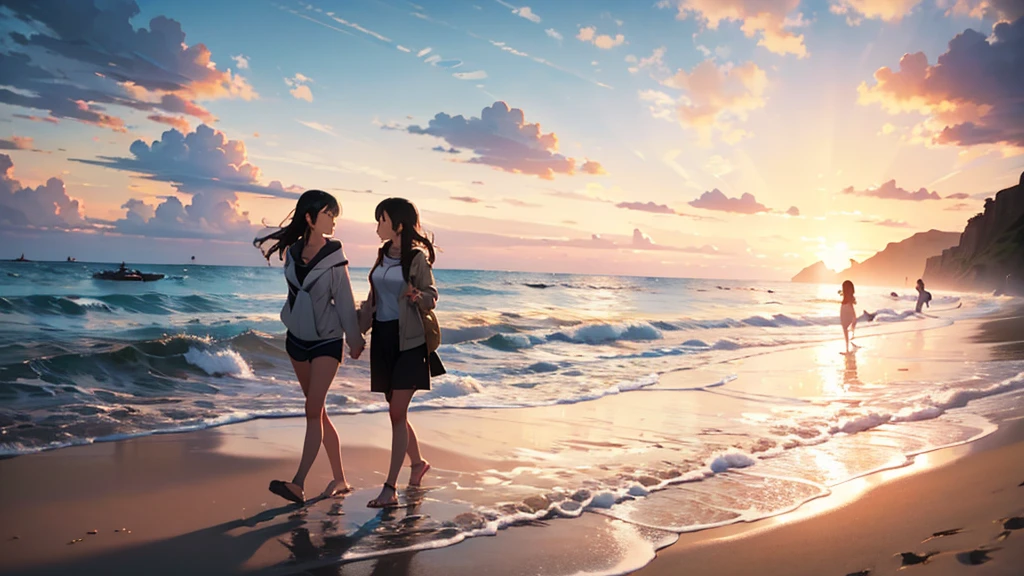 Mother and daughter at the beach one year later:
「Sandy beach at sunset。A woman in her 30s and a girl around are walking hand in hand.。Their long shadows stretch across the beach。The shadow appears to be three。Warm colors」