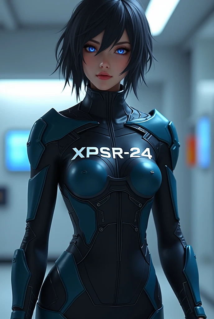 A game character wearing a black and blue outfit with the word XPSR-24