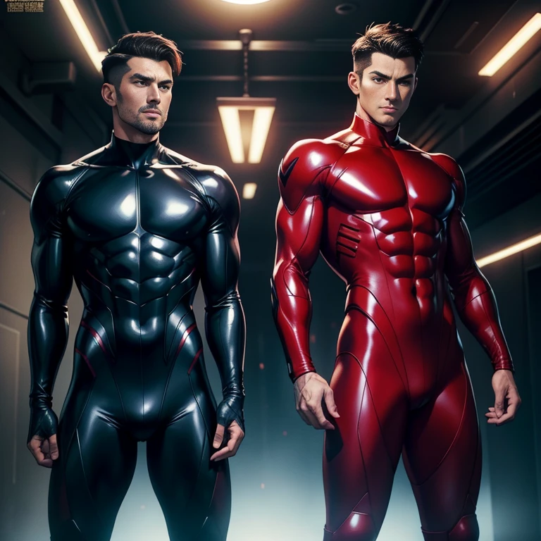 Special effects hero works、Two Men、Handsome 2、Very short hair、（justice（Victory）Red bodysuit vs. villain（negative）Black bodysuit）　Victorynegative　Handsome 30 year old　Very short hair、undercut　between legs