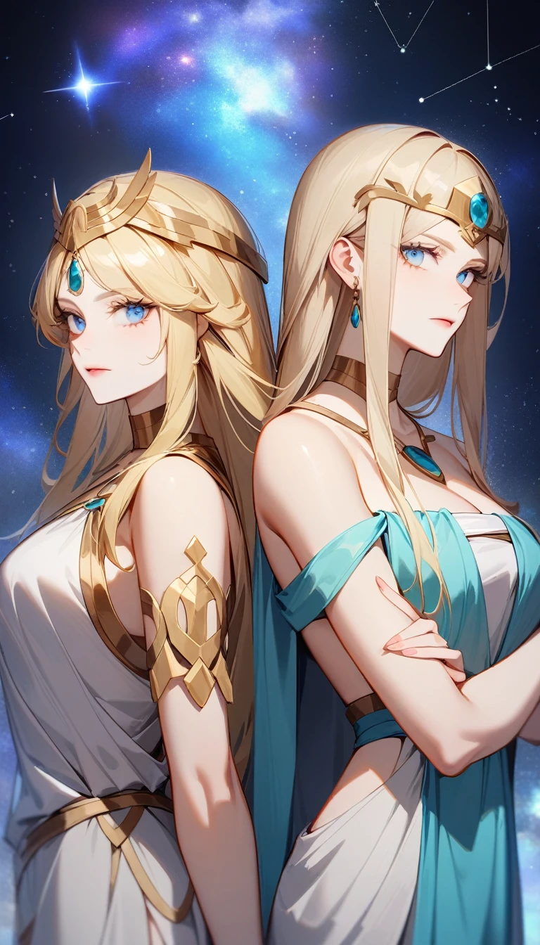(Huang Li、high quality、Extremely detailed),Constellation - Gemini Goddess,A pair of sisters,Two goddesses back to back,Similar to Latin goodness,brave,capricious,Productivity,The face of enterprising and humanitarianism,Blonde Hair,Ancient Greek costumes、Wrap Dress,The background is a nebula,Light crystal blue eyes(Eyes Details),Powerful appearance